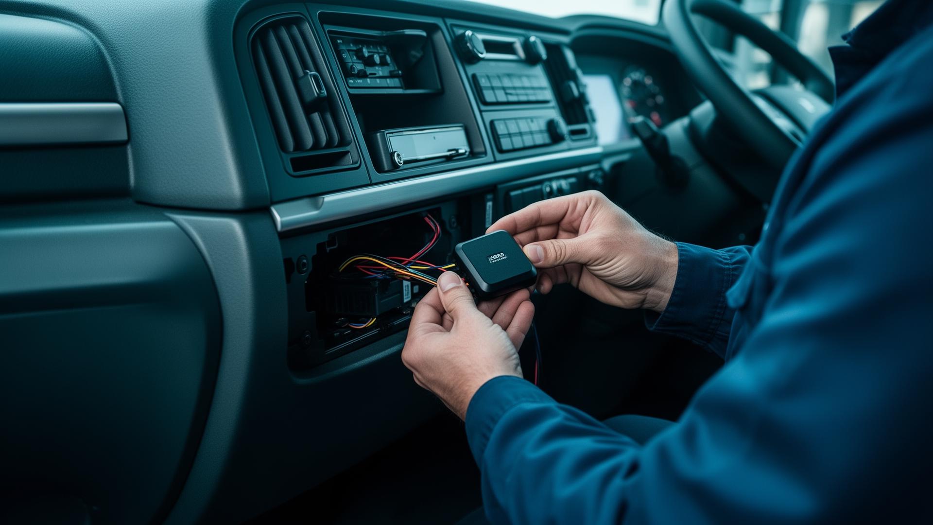 Técnico instalando rastreador em veículo